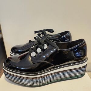 ZARA Black Patent Multi-Stripe Thick Platform Oxford Shoes sz.8/38